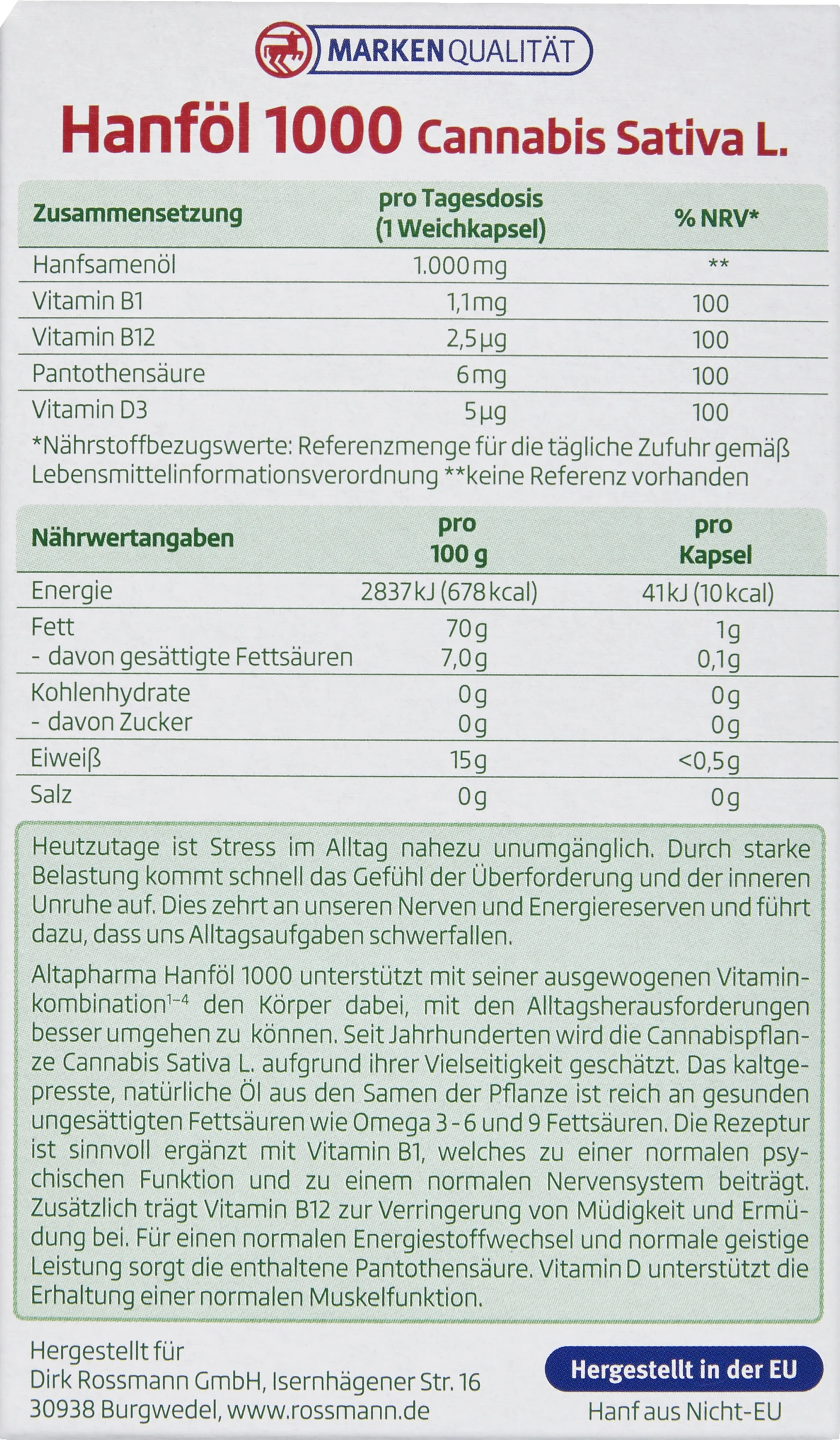 Hanföl 1000 Cannabis Sativa L.